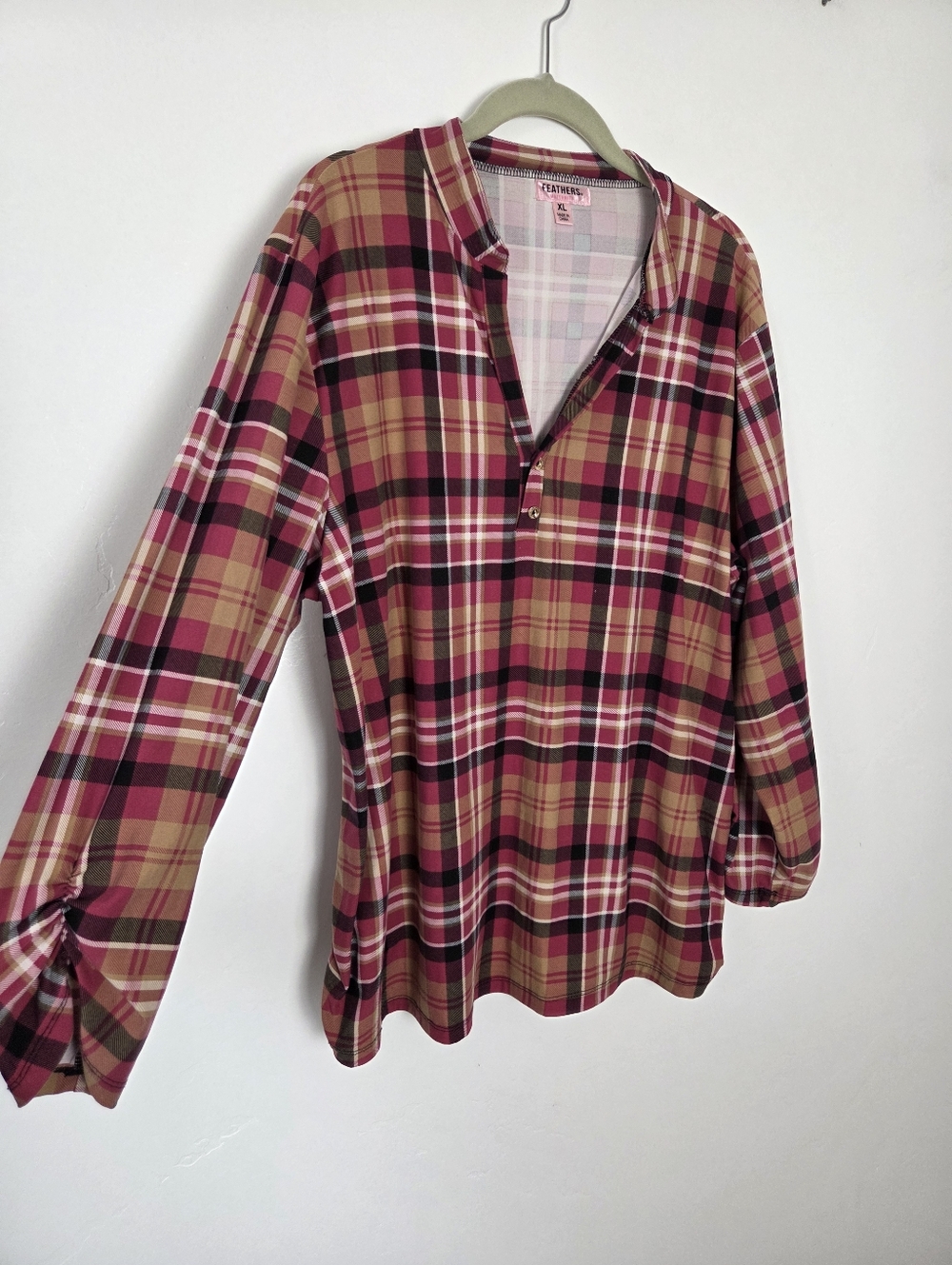 Feathers Maternity Top Popover Pink Plaid Checked Pregnancy Flannel Comfy XL